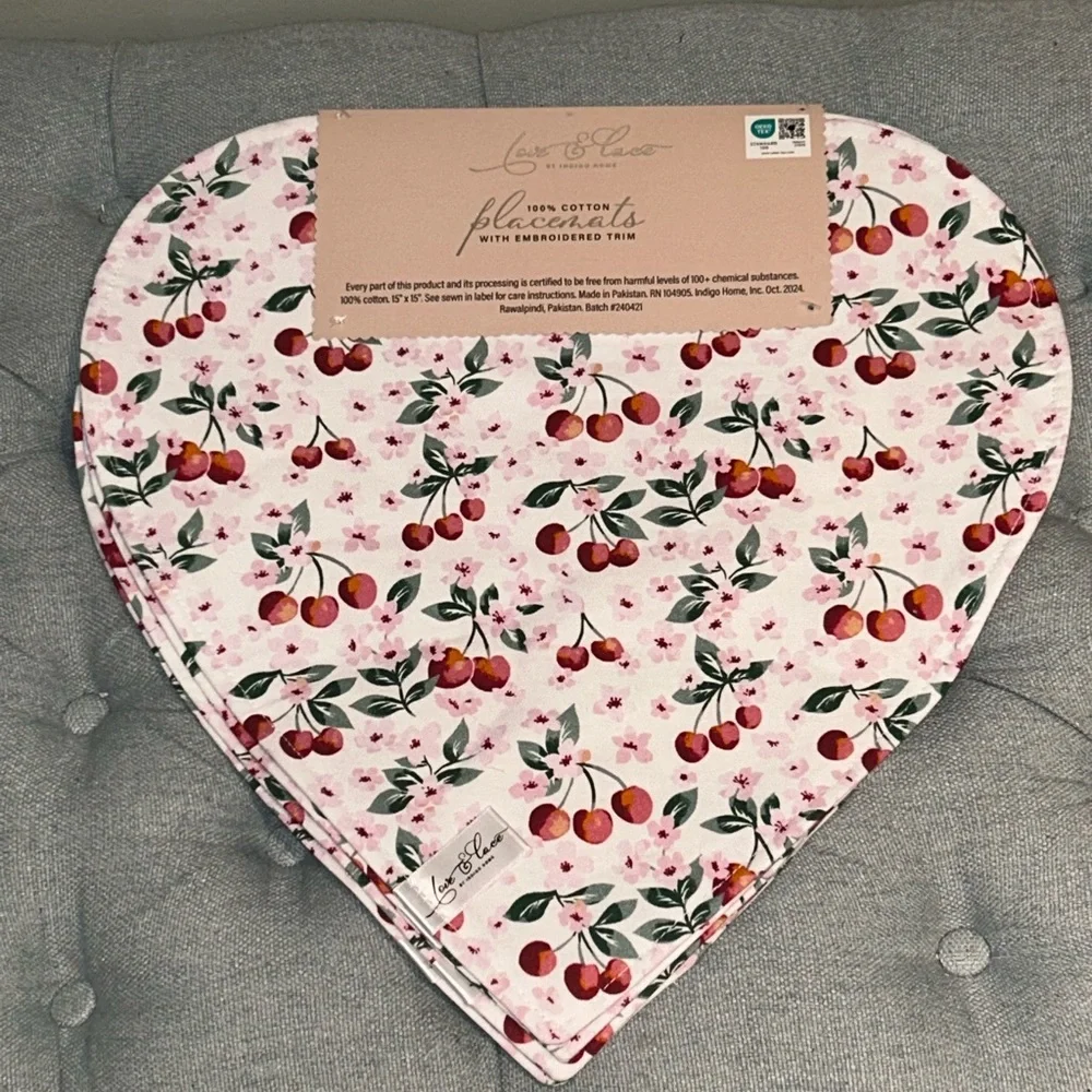INDIGO 4pk Heart Shaped Floral Cherry Motif Embroidered Trim Placemats